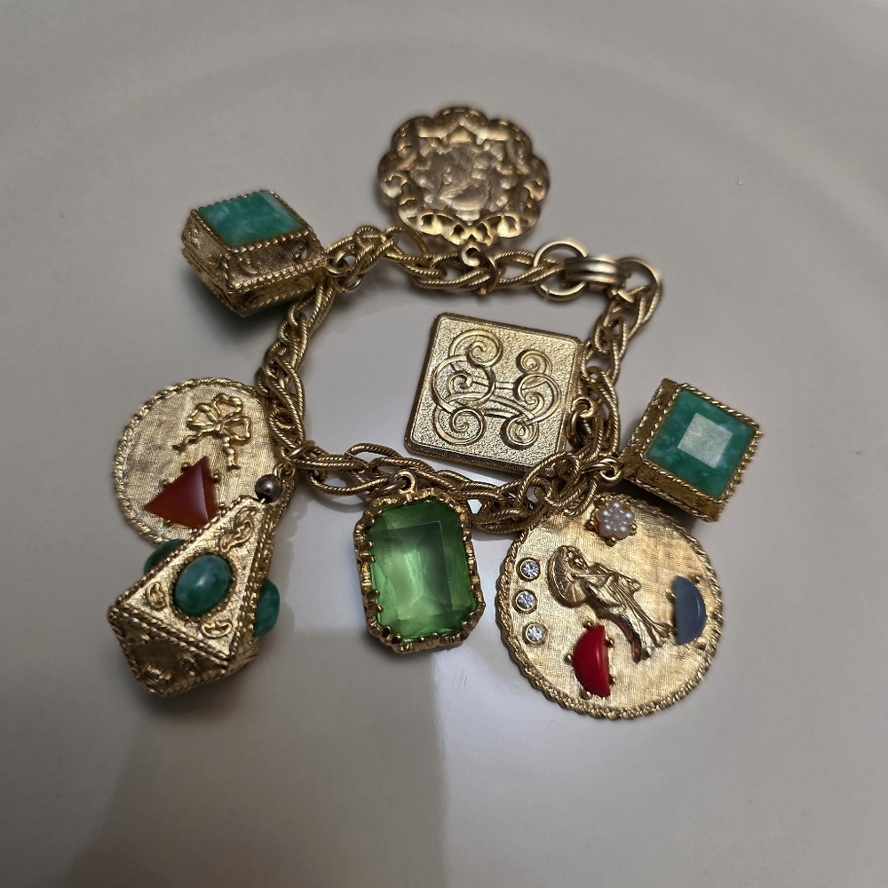 Vintage Gold-Tone Charm Bracelet with Green and Multicolor Gem Accents - Picture 4 of 14